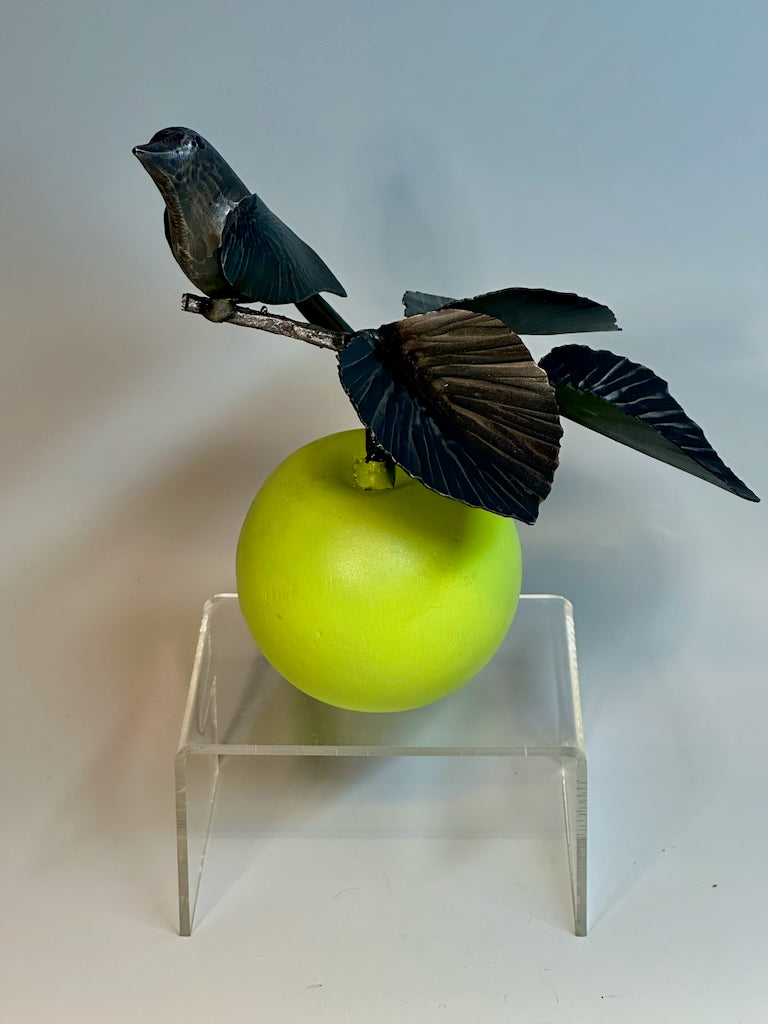 "Small Green Apple and Wren" Hand Forged Metal Sculpture