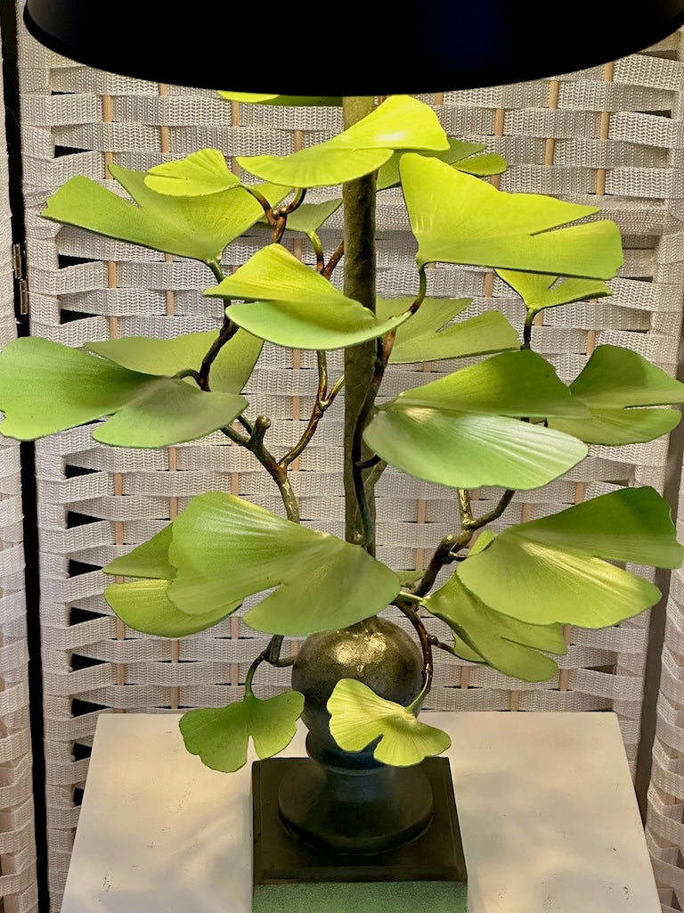 GREEN GINKGO HAND FORGED METAL LAMP WITH BLACK SHADE