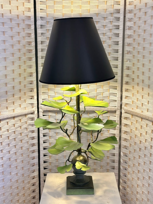GREEN GINKGO HAND FORGED METAL LAMP WITH BLACK SHADE
