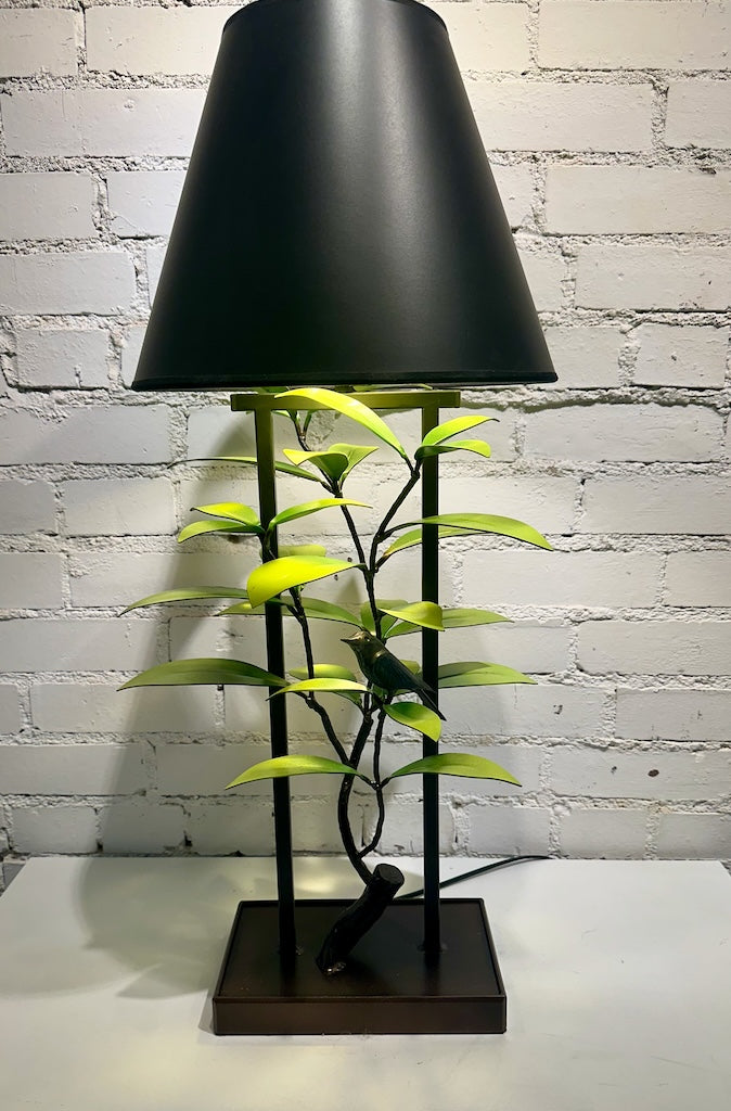 Green Laurel and Wrens Table Lamp with Black Shade