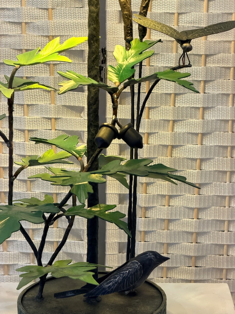 GREEN MAPLE & OAK LEAF WITH ACORNS, DRAGONFLY & BIRD HAND FORGED METAL LAMP WITH BLACK SHADE