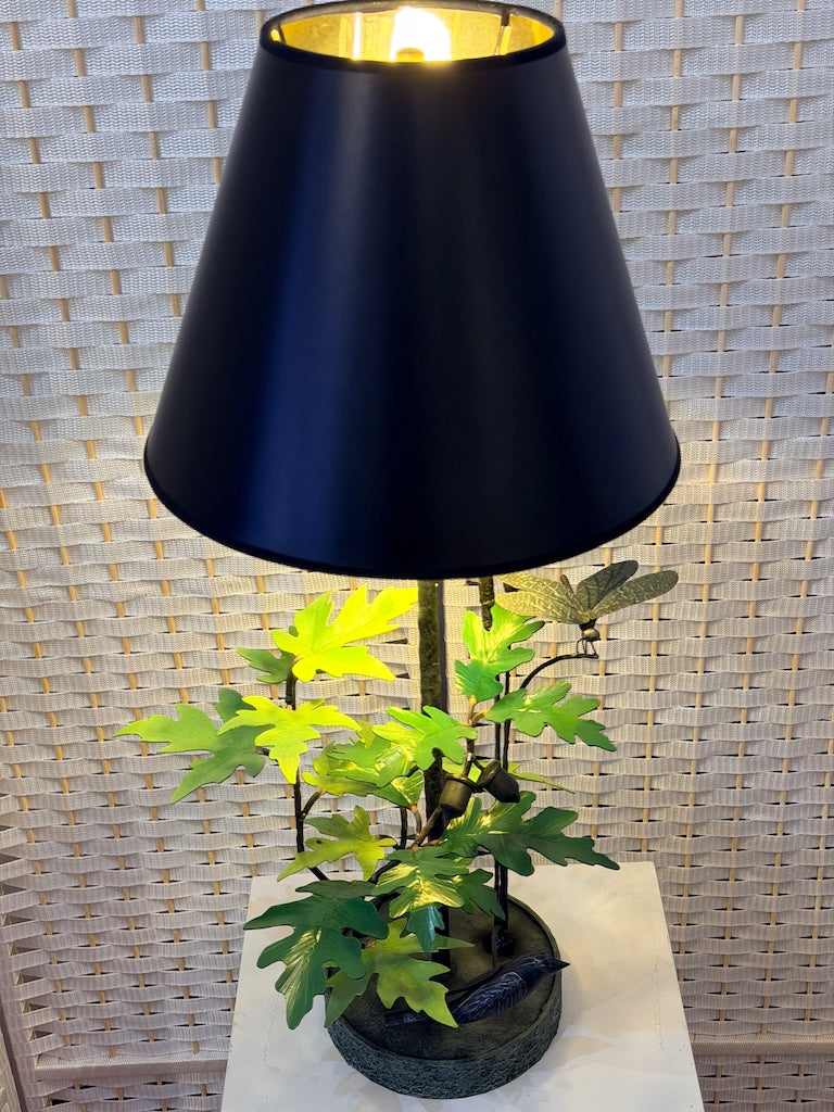 GREEN MAPLE & OAK LEAF WITH ACORNS, DRAGONFLY & BIRD HAND FORGED METAL LAMP WITH BLACK SHADE