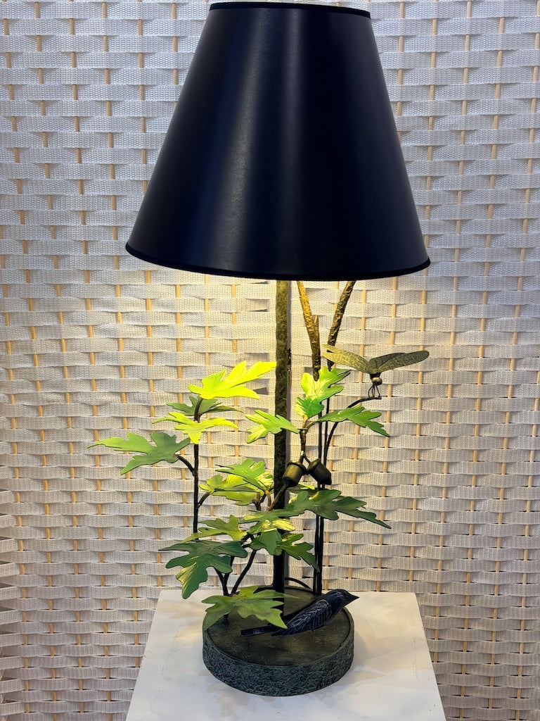 GREEN MAPLE & OAK LEAF WITH ACORNS, DRAGONFLY & BIRD HAND FORGED METAL LAMP WITH BLACK SHADE