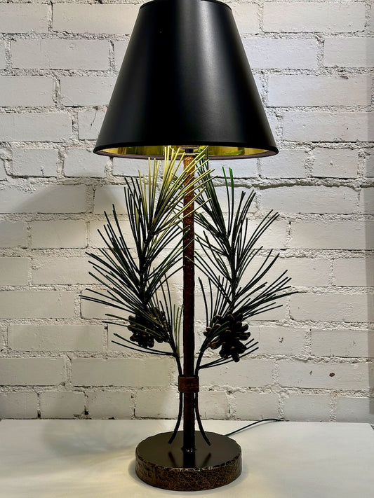 GREEN PINE CONE TABLE LAMP WITH BLACK SHADE