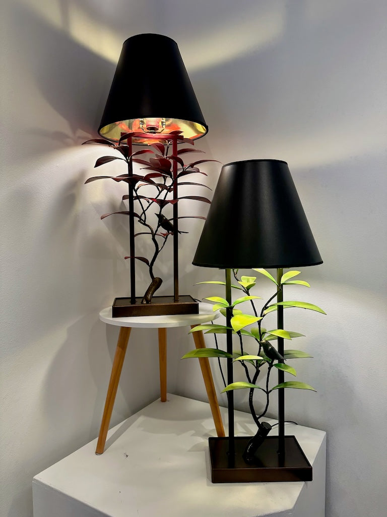 Green Laurel and Wrens Table Lamp with Black Shade