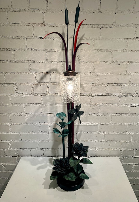 RED CAT TAIL AND LOTUS FIELD STUDY LAMP WITH DRAGON FLY