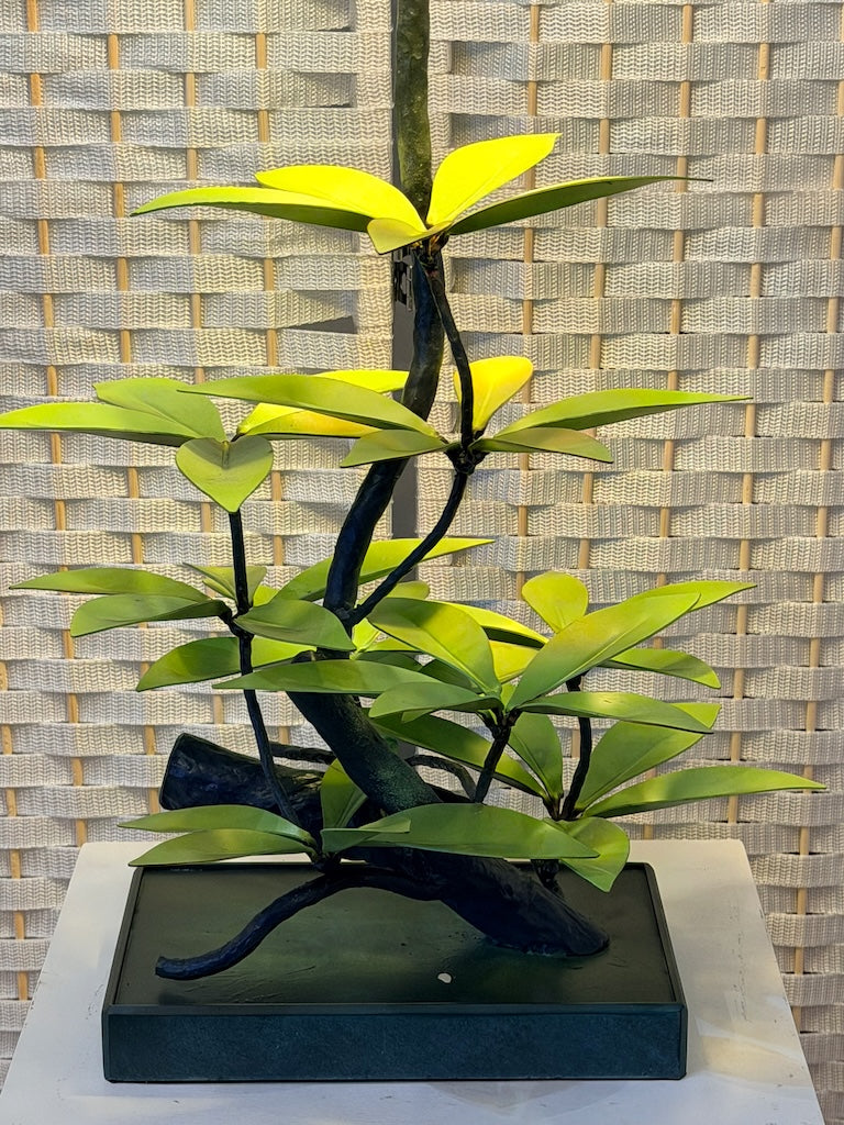 LIGHT GREEN LAUREL LEAF HAND FORGED METAL LAMP WITH BLACK SHADE