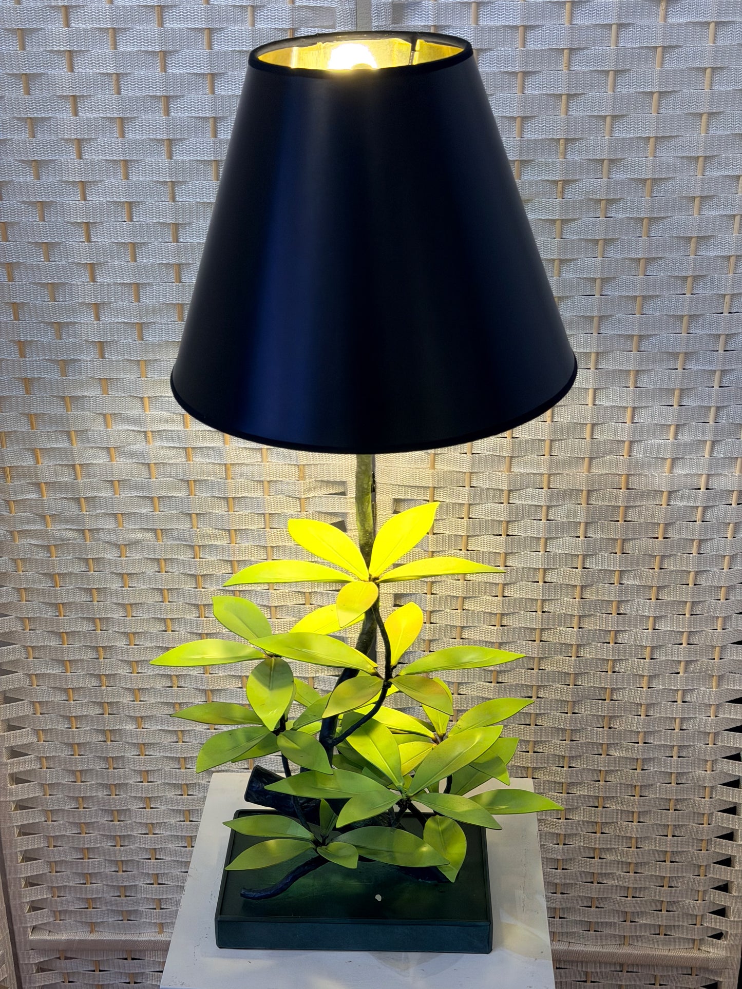 LIGHT GREEN LAUREL LEAF HAND FORGED METAL LAMP WITH BLACK SHADE