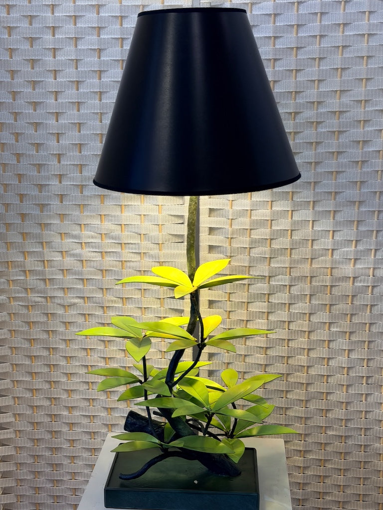 LIGHT GREEN LAUREL LEAF HAND FORGED METAL LAMP WITH BLACK SHADE