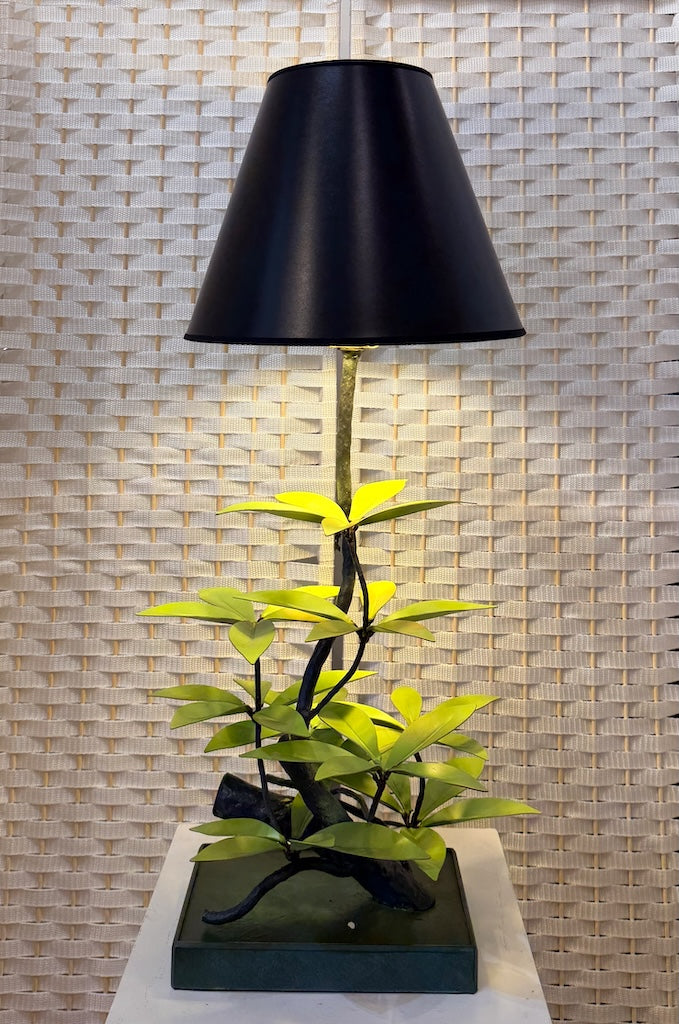 LIGHT GREEN LAUREL LEAF HAND FORGED METAL LAMP WITH BLACK SHADE