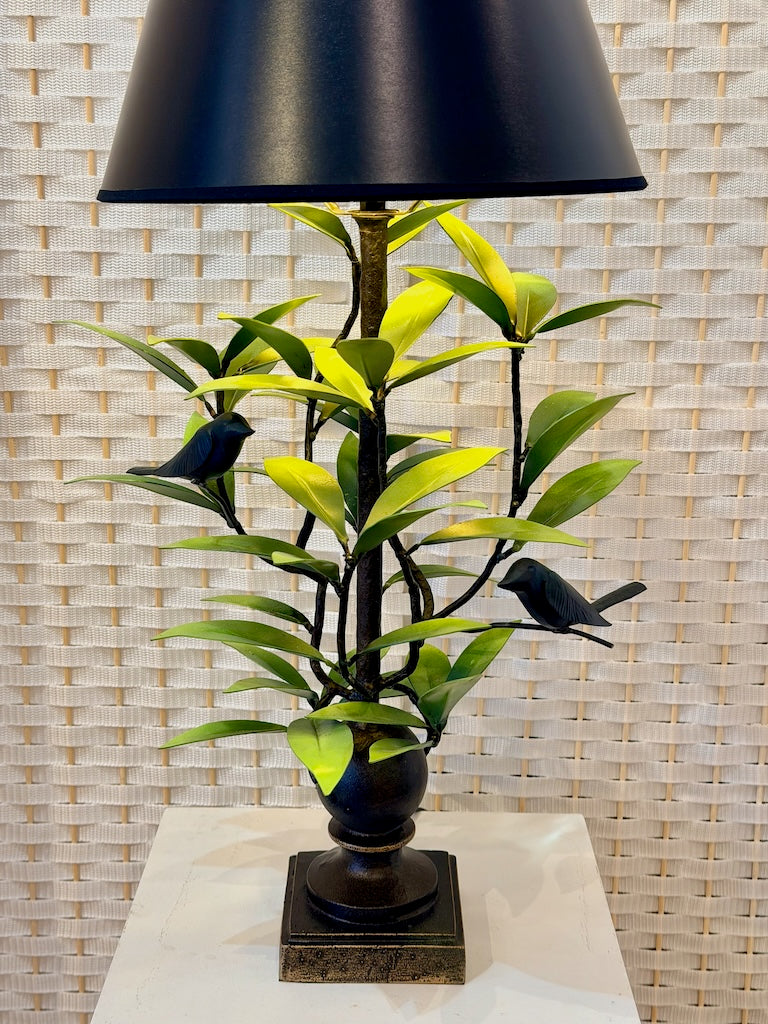 LIGHT GREEN LAUREL LEAF WITH 2 BIRDS HAND FORGED METAL LAMP WITH BLACK SHADE