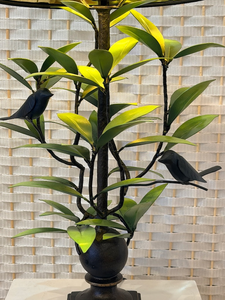 LIGHT GREEN LAUREL LEAF WITH 2 BIRDS HAND FORGED METAL LAMP WITH BLACK SHADE