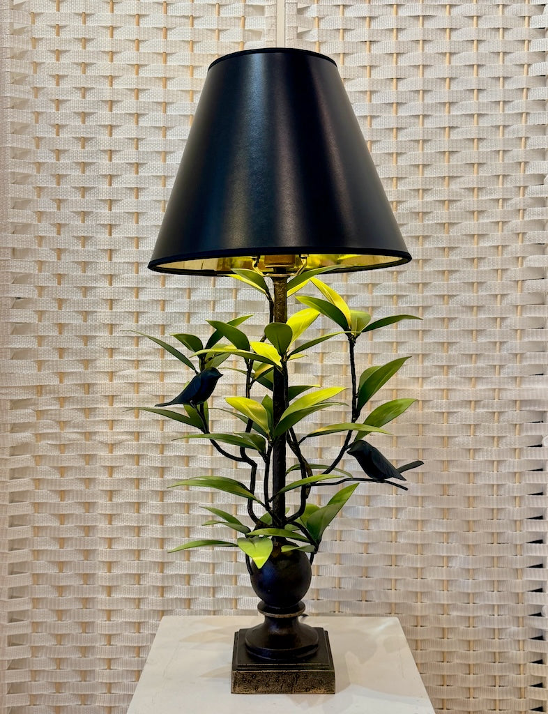 LIGHT GREEN LAUREL LEAF WITH 2 BIRDS HAND FORGED METAL LAMP WITH BLACK SHADE