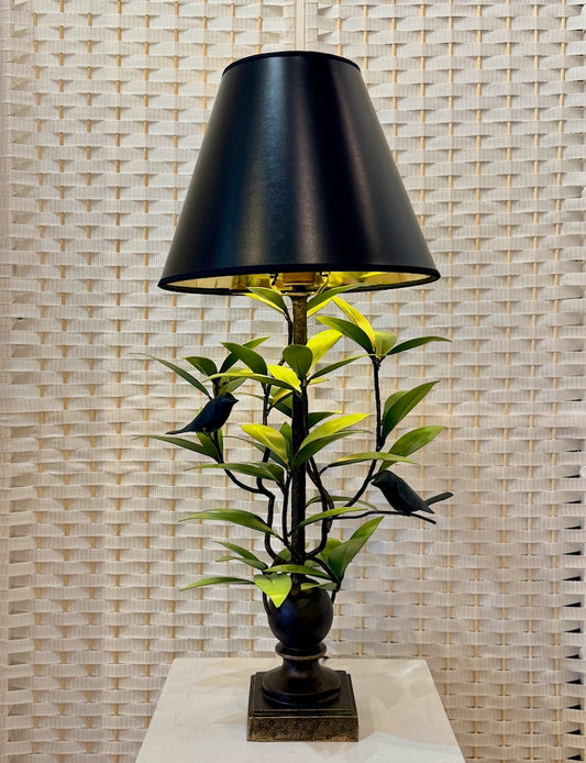 LIGHT GREEN LAUREL LEAF WITH 2 BIRDS HAND FORGED METAL LAMP WITH BLACK SHADE