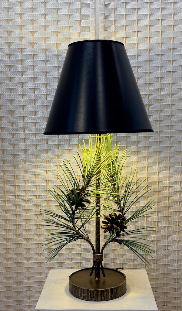 PINE CONE HAND FORGED METAL LAMP WITH BLACK SHADE