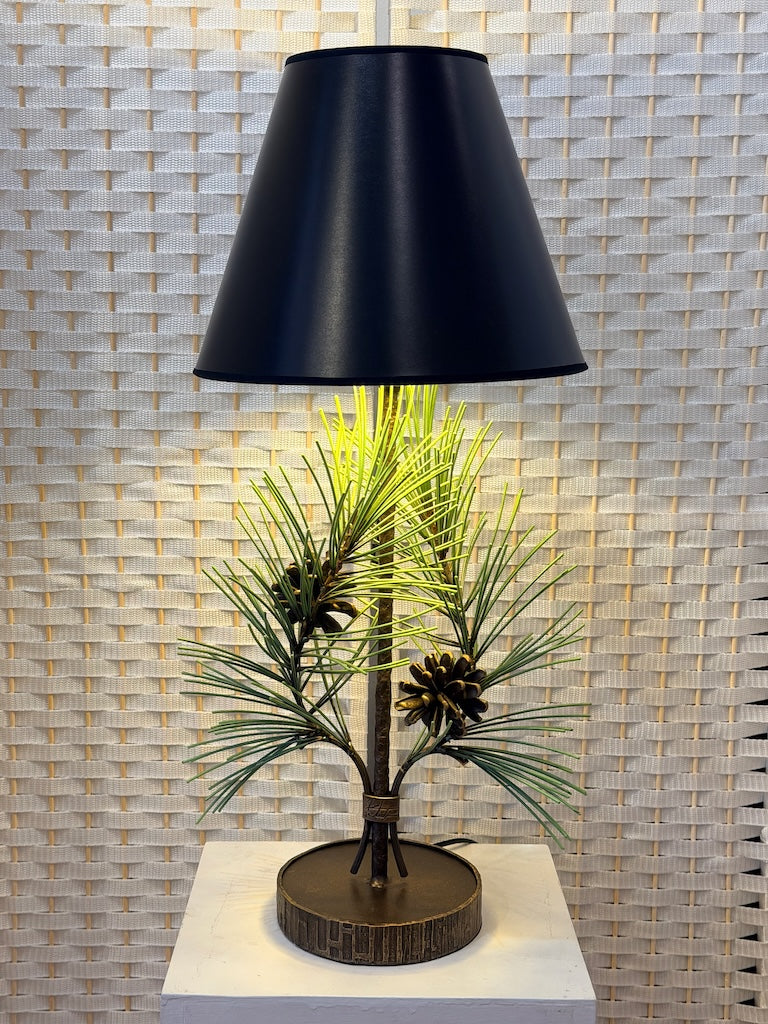 PINE CONE HAND FORGED METAL LAMP WITH BLACK SHADE