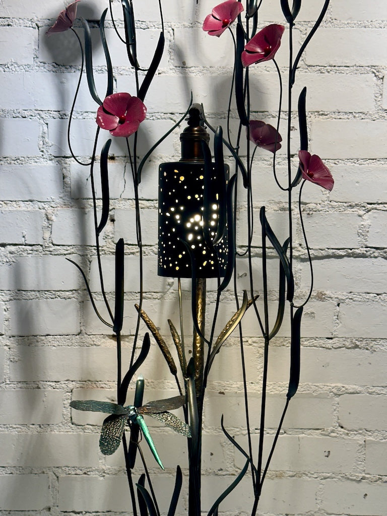 PINK 4 PETAL WILDFLOWER AND DRAGONFLY FIELD STUDY HAND FORGED METAL LAMP