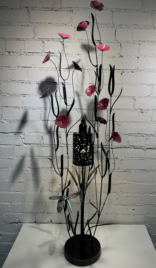 PINK 4 PETAL WILDFLOWER AND DRAGONFLY FIELD STUDY HAND FORGED METAL LAMP