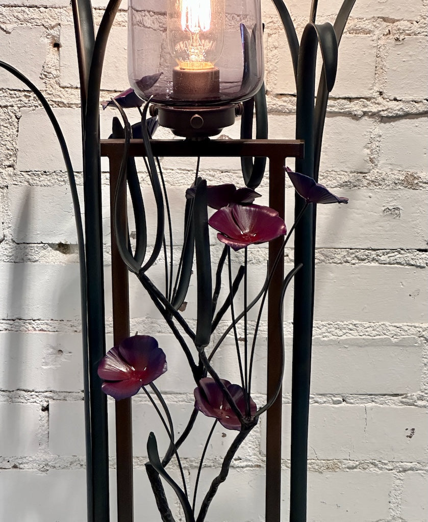 PURPLE 4 PETAL WILDFLOWER AND DRAGONFLY FIELD STUDY HAND FORGED METAL LAMP
