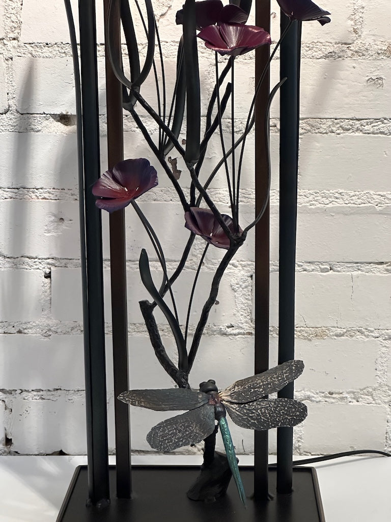 PURPLE 4 PETAL WILDFLOWER AND DRAGONFLY FIELD STUDY HAND FORGED METAL LAMP