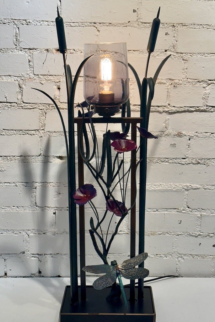 PURPLE 4 PETAL WILDFLOWER AND DRAGONFLY FIELD STUDY HAND FORGED METAL LAMP