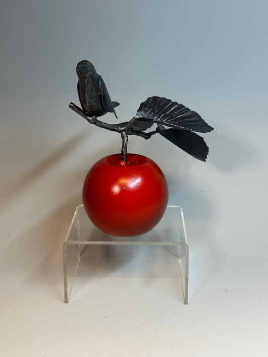 "Small Red Apple and Wren" Hand Forged Metal Sculpture