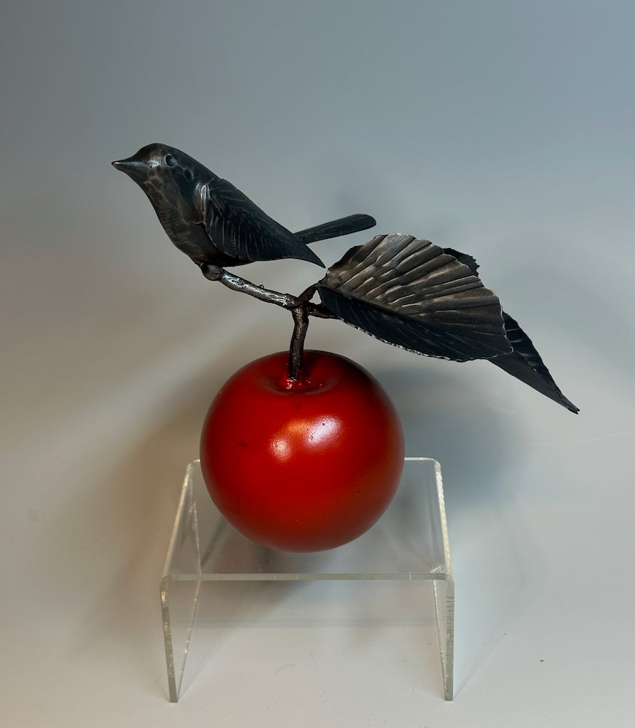 "Small Red Apple and Wren" Hand Forged Metal Sculpture