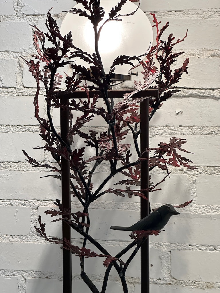 CEDAR LEAF AND DARK WREN FIELD STUDY HAND FORGED METAL LAMP