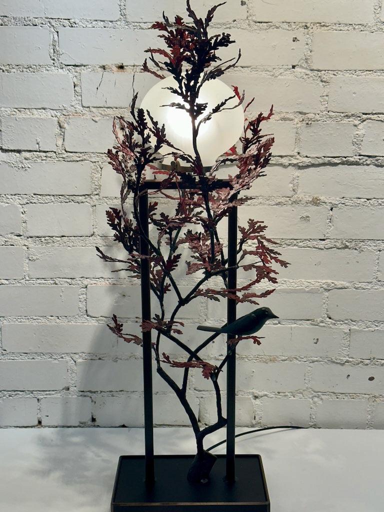CEDAR LEAF AND DARK WREN FIELD STUDY HAND FORGED METAL LAMP
