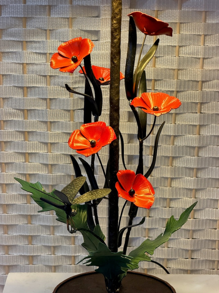 RED FLOWERS WITH GREEN LEAVES & DRAGONFLY HAND FORGED METAL LAMP WITH BLACK SHADE