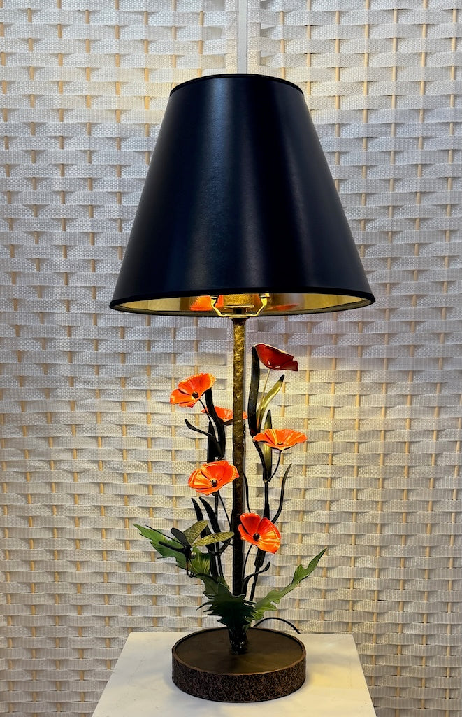 RED FLOWERS WITH GREEN LEAVES & DRAGONFLY HAND FORGED METAL LAMP WITH BLACK SHADE