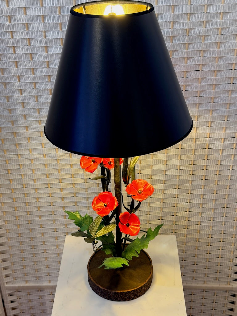 RED FLOWERS WITH GREEN LEAVES & DRAGONFLY HAND FORGED METAL LAMP WITH BLACK SHADE
