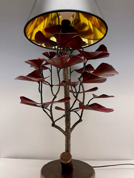 Red Handmade Gingko Table Lamp with Black Shade