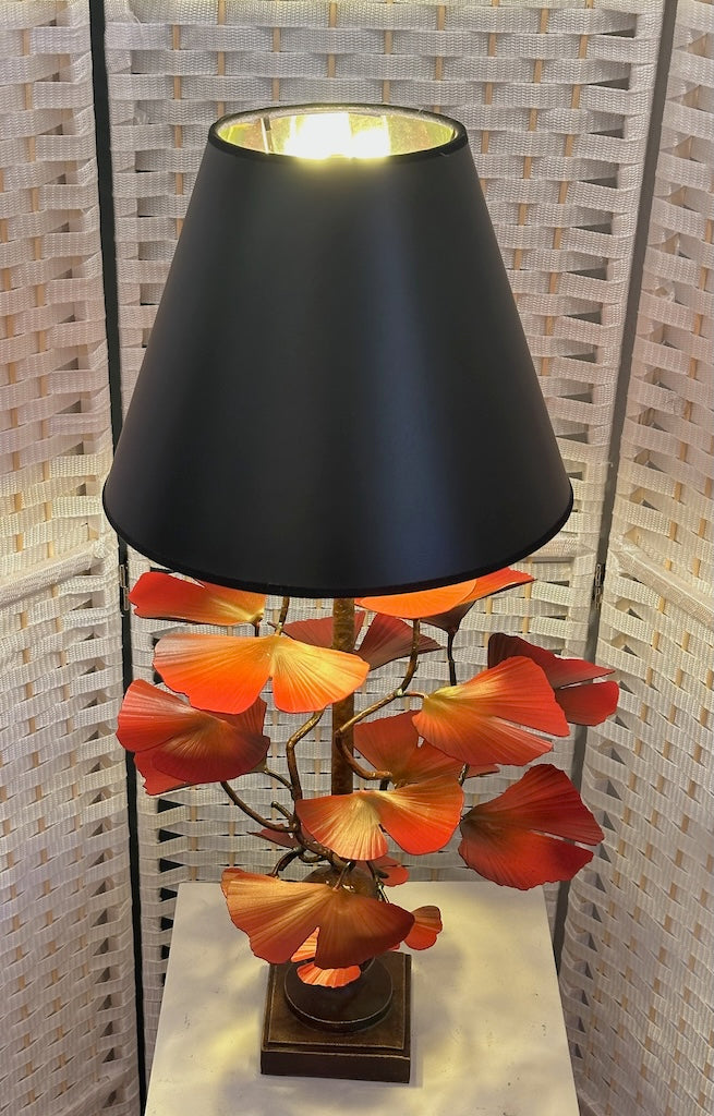 RED GINKGO LEAF HAND FORGED METAL LAMP WITH BLACK SHADE