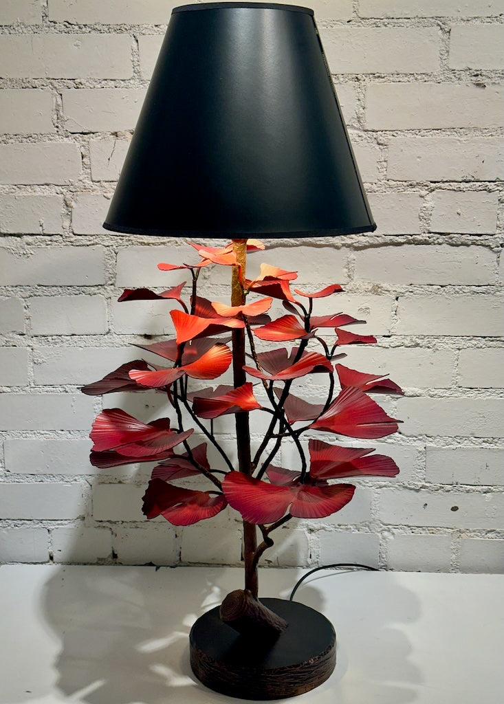 RED GINKGO LEAF HAND FORGED METAL LAMP WITH BLACK SHADE