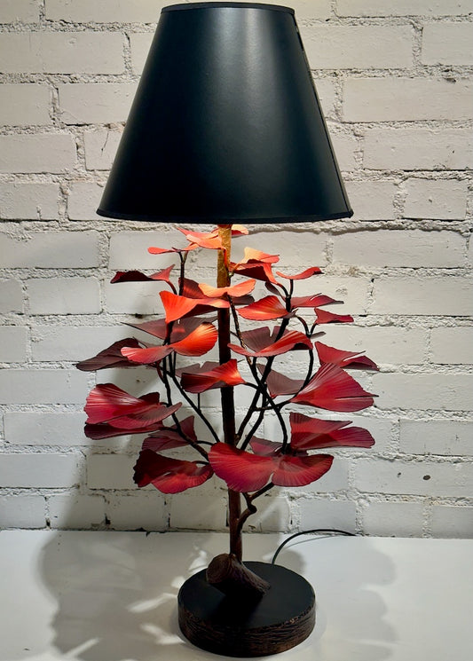 RED GINKGO LEAF HAND FORGED METAL LAMP WITH BLACK SHADE