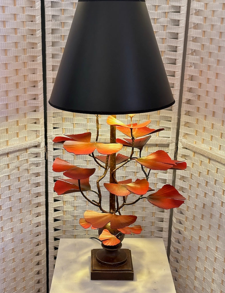 RED GINKGO LEAF HAND FORGED METAL LAMP WITH BLACK SHADE