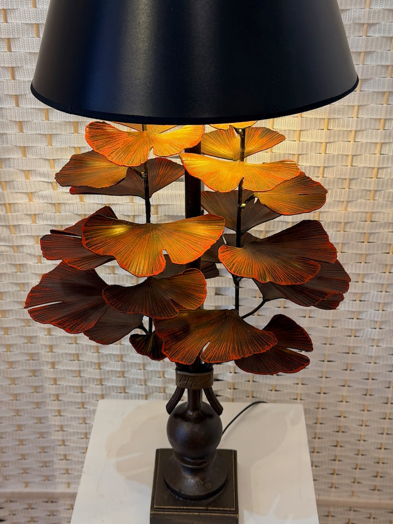 RED GINKGO HAND FORGED METAL LAMP WITH BLACK SHADE