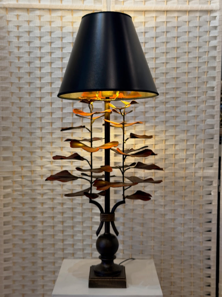 RED GINKGO HAND FORGED METAL LAMP WITH BLACK SHADE
