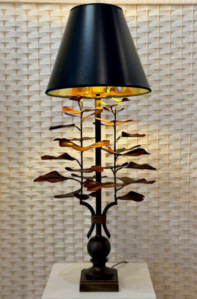 RED GINKGO HAND FORGED METAL LAMP WITH BLACK SHADE
