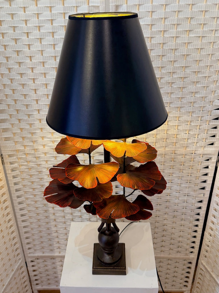 RED GINKGO HAND FORGED METAL LAMP WITH BLACK SHADE
