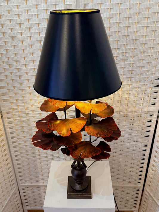 RED GINKGO HAND FORGED METAL LAMP WITH BLACK SHADE