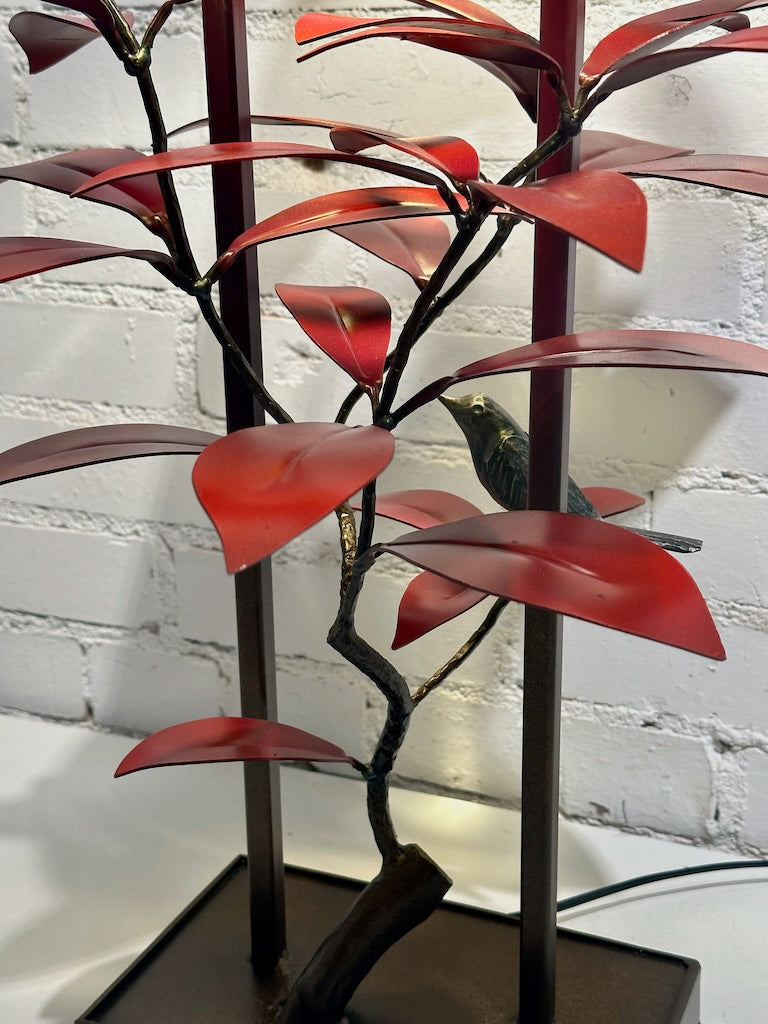 Red Laurel and Wrens Table Lamp with Black Shade