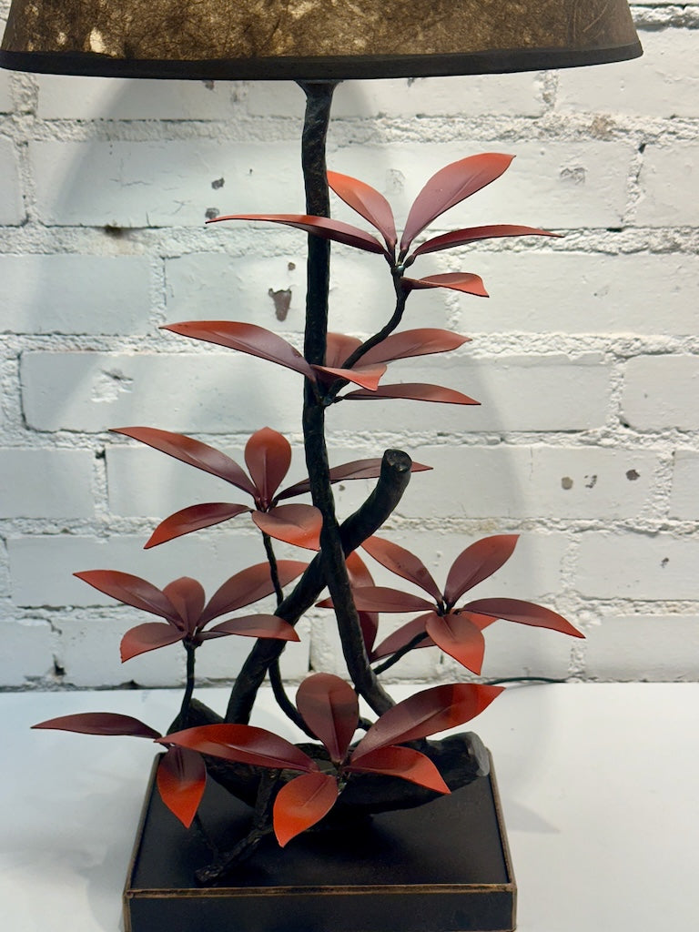 RED LAUREL LEAF HAND FORGED METAL LAMP WITH SHADE
