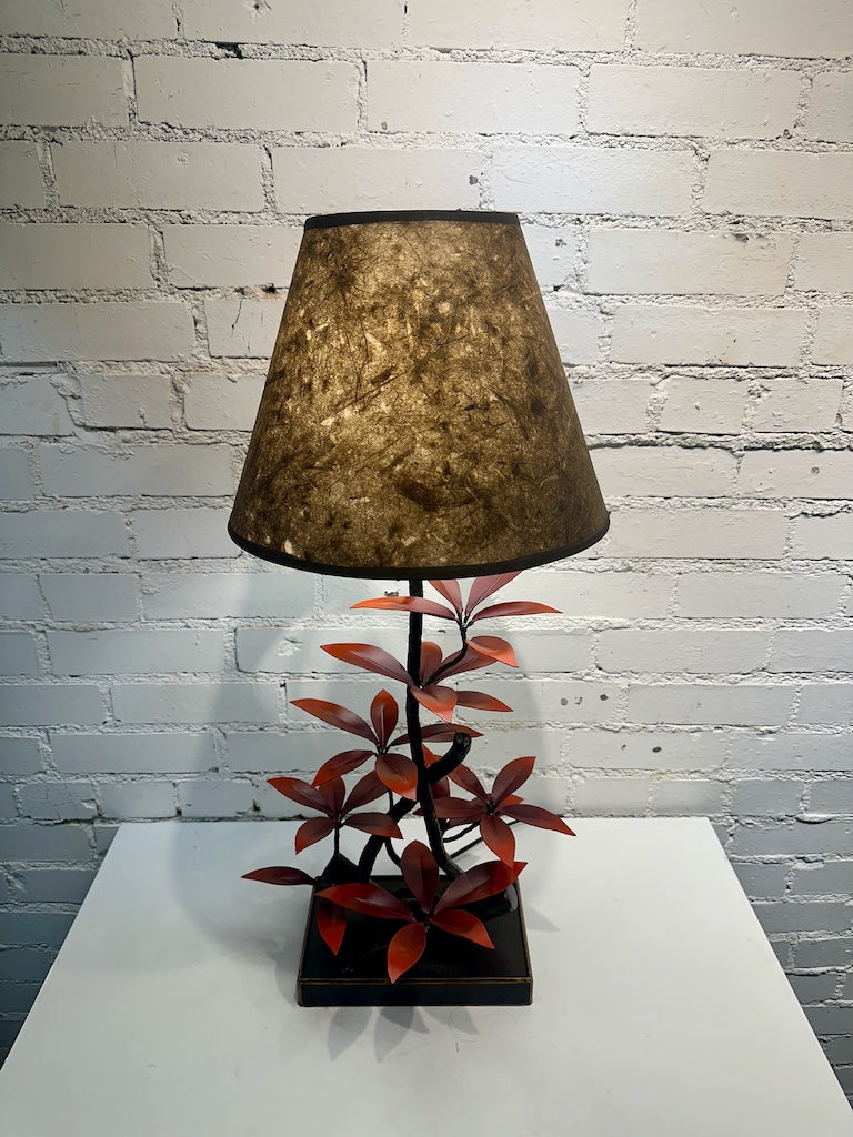 RED LAUREL LEAF HAND FORGED METAL LAMP WITH SHADE
