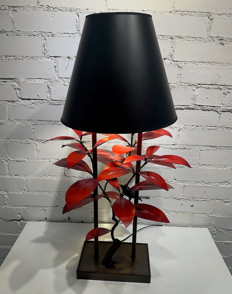 FIELD STUDY LAMP WITH RED BLOOMS AND FROSTED SHADE