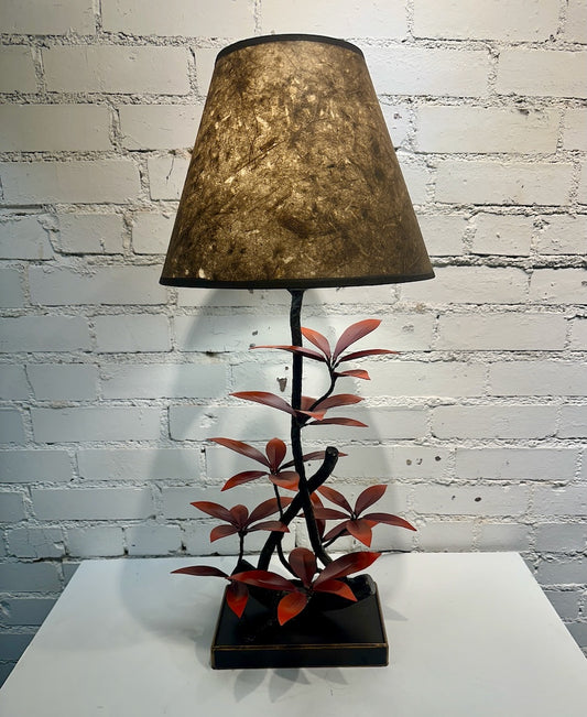 RED LAUREL LEAF HAND FORGED METAL LAMP WITH SHADE
