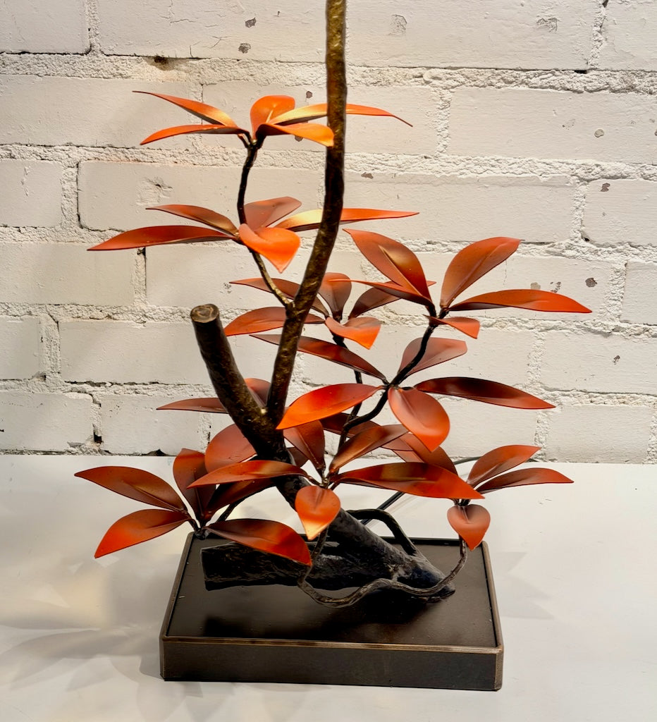 RED LAUREL LEAF TWISTED BARK LAMP HAND FORGED METAL LAMP WITH BLACK SHADE