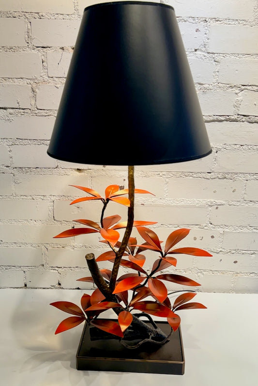 RED LAUREL LEAF TWISTED BARK LAMP HAND FORGED METAL LAMP WITH BLACK SHADE
