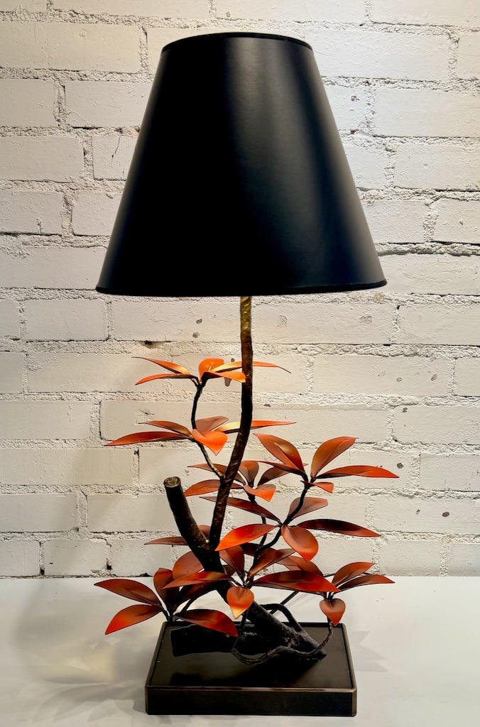 RED LAUREL LEAF TWISTED BARK LAMP HAND FORGED METAL LAMP WITH BLACK SHADE